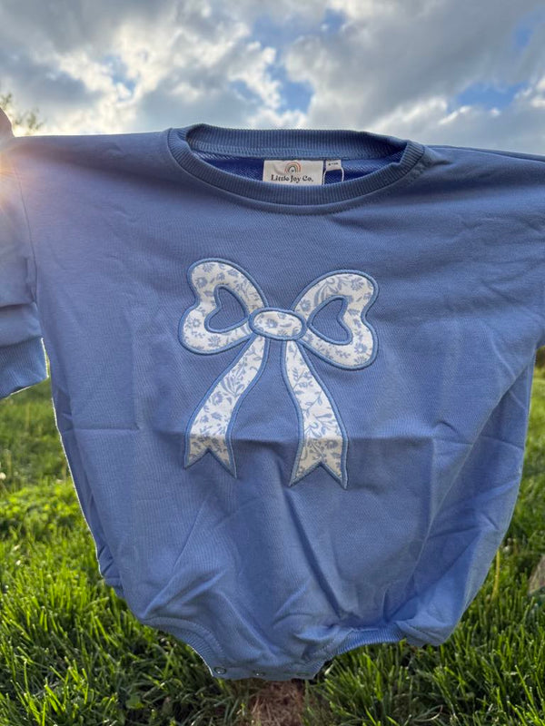 blue-toile-applique-bow-sweatshirt-romper-or-crewneck Little Joy Co - Sophia's Style-1