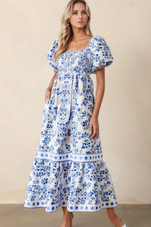 smocked-printed-square-neck-puff-sleeve-dress OhSoStyled at Sophia's Style-1