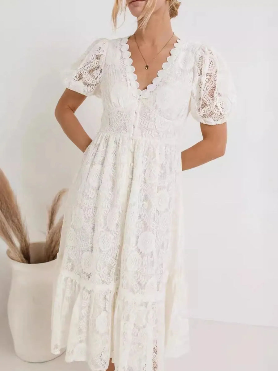 short sleeve v neck lace dress Ever-Pretty Pleated V-Neck Short Sleeve Ruffled Lace Midi Dress