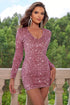 sequin-v-neck-long-sleeve-mini-dress Sophia's Trends - Sophia's Style-Dusty Pink-S