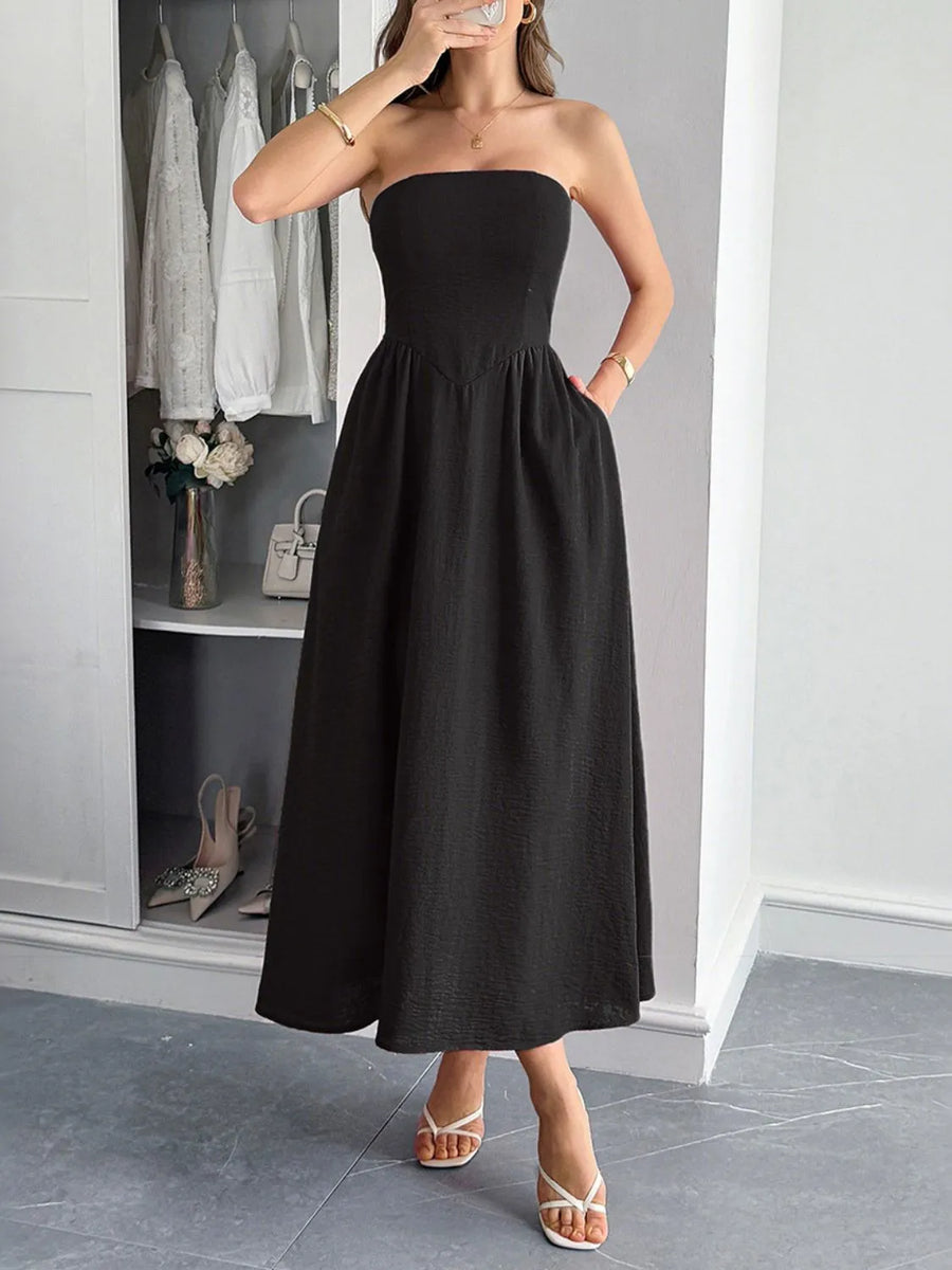 knee length dresses for ladies Solid Color Strapless Pocketed Midi Dress, Blue / L
