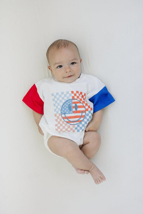 4th-of-july-checker-smiley-t-shirt-romper Little Joy Co - Sophia's Style-1