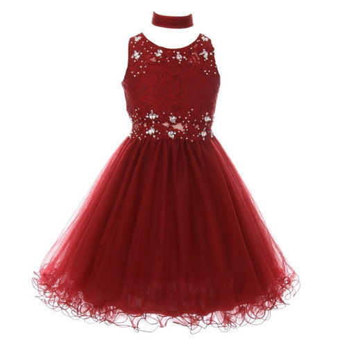 Lace Mesh Rhinestone Wired Flower Girl Dress, Sizes 4-20