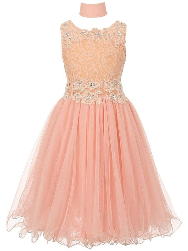 Lace Mesh Rhinestone Wired Flower Girl Dress, Sizes 4-20