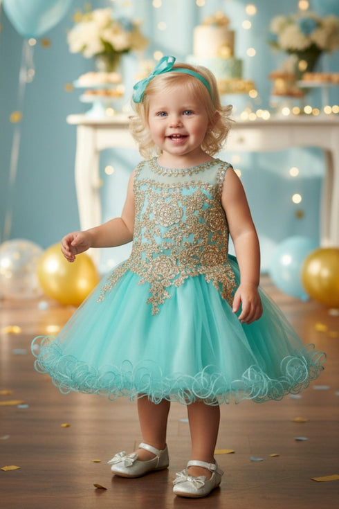 Baby Girls Gold Coiled Lace Illusion Flower Girl Dress 6-24 Months