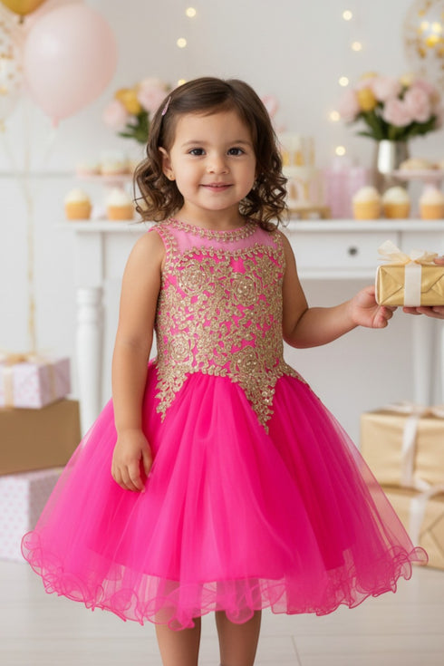 Baby Girls Gold Coiled Lace Illusion Flower Girl Dress 6-24 Months