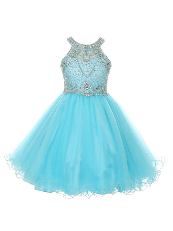 Girls Rhinestone Halter Neck Tulle Flower Girl Junior Bridesmaid Dress 6-20