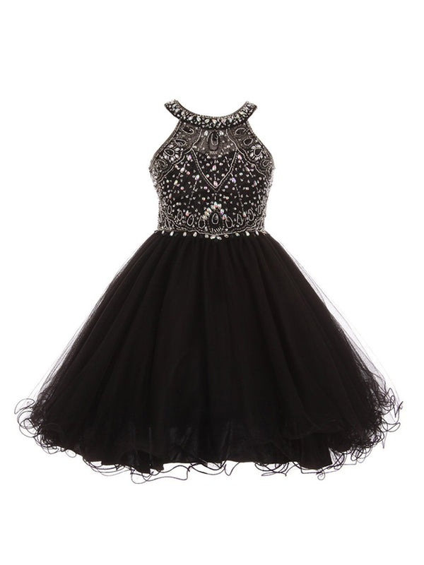 Girls Rhinestone Halter Neck Tulle Flower Girl Junior Bridesmaid Dress 6-16