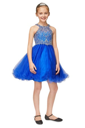 Girls Rhinestone Halter Neck Tulle Flower Girl Junior Bridesmaid Dress 6-20