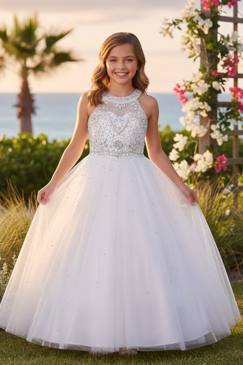 Girls Dazzling Halter Beaded Tulle Special Occasion Dress Gown Size 4-16
