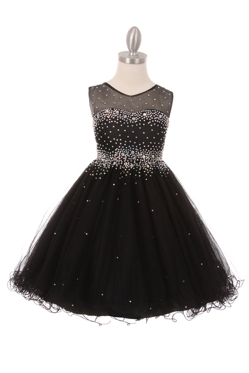 Girls Sparkling Rhinestone Illusion Tulle Party Dress 4-16