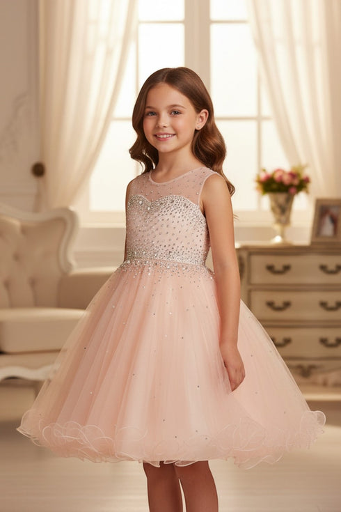 Girls Sparkling Rhinestone Illusion Tulle Party Dress 4-16