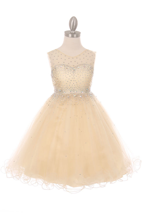 Girls Sparkling Rhinestone Illusion Tulle Party Dress 4-16