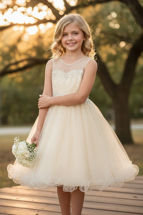 Girls Sparkling Rhinestone Illusion Tulle Party Dress 4-16