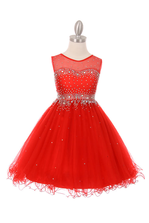Girls Sparkling Rhinestone Illusion Tulle Party Dress 4-16