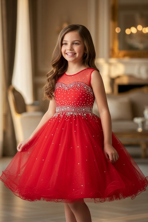 Girls Sparkling Rhinestone Illusion Tulle Party Dress 4-16