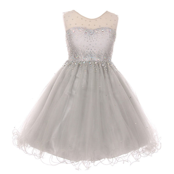 Big Girls Silver Sparkling Rhinestone Illusion Tulle Party Formal Dress 8-16 - SophiasStyle.com