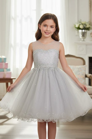 Girls Sparkling Rhinestone Illusion Tulle Party Formal Dress, Sizes 4-16