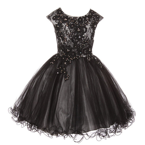 Girls Blush Black Rhinestone Embroidered Lace Junior Bridesmaid Dress, Sizes 8-16