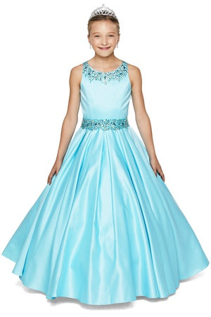 Big Girls Aqua Shimmery Beaded Pleated Dull Satin Junior Bridesmaid Dress 8-16 - SophiasStyle.com