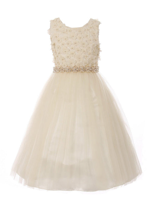 Big Girls Champagne Pearl 3D Floral Accents Tulle Junior Bridesmaid Dress 8-16 - SophiasStyle.com