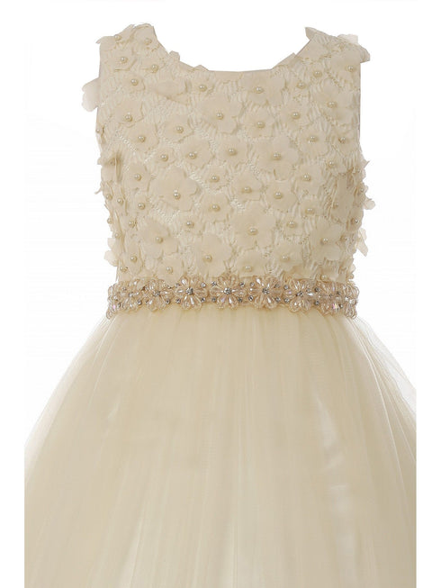 Big Girls Champagne Pearl 3D Floral Accents Tulle Junior Bridesmaid Dress 8-16 - SophiasStyle.com