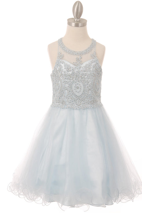 Girls Illusion Halter Neck Sweetheart Beaded Bodice Tulle Flower Girl Junior Bridesmaid Dress, Sizes 4-16 - SophiasStyle.com