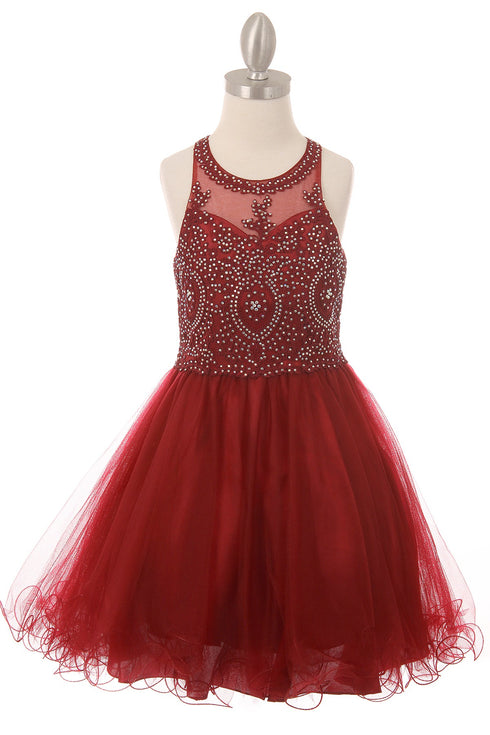 Girls Illusion Halter Neck Sweetheart Beaded Bodice Tulle Flower Girl Junior Bridesmaid Dress, Sizes 4-16 - SophiasStyle.com