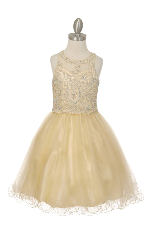 Girls Illusion Halter Neck Sweetheart Beaded Bodice Tulle Flower Girl Junior Bridesmaid Dress, Sizes 4-16 - SophiasStyle.com