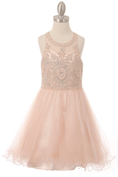 Girls Illusion Halter Neck Sweetheart Beaded Bodice Tulle Flower Girl Junior Bridesmaid Dress, Sizes 4-16 - SophiasStyle.com