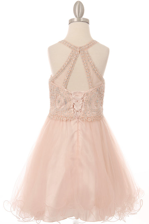 Girls Illusion Halter Neck Sweetheart Beaded Bodice Tulle Flower Girl Junior Bridesmaid Dress, Sizes 4-16 - SophiasStyle.com
