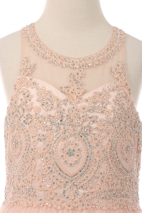 Girls Illusion Halter Neck Sweetheart Beaded Bodice Tulle Flower Girl Junior Bridesmaid Dress, Sizes 4-16 - SophiasStyle.com