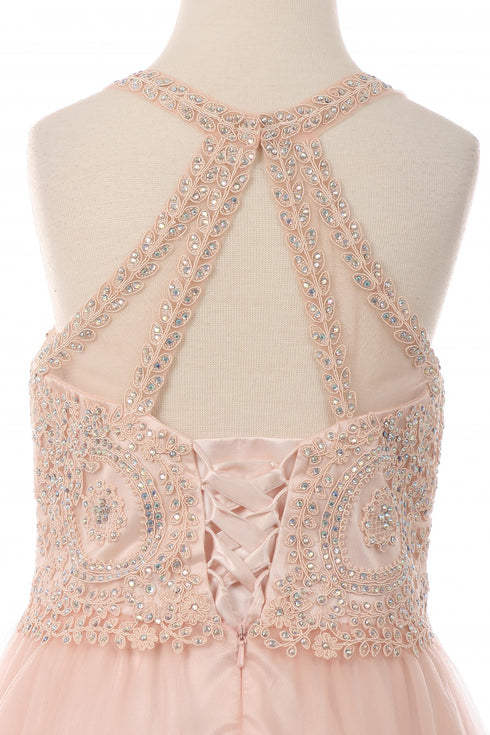 Girls Illusion Halter Neck Sweetheart Beaded Bodice Tulle Flower Girl Junior Bridesmaid Dress, Sizes 4-16 - SophiasStyle.com