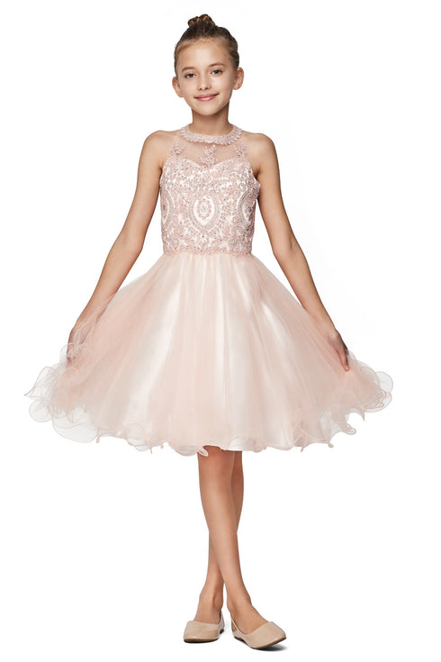 Girls Illusion Halter Neck Sweetheart Beaded Bodice Tulle Flower Girl Junior Bridesmaid Dress, Sizes 4-16 - SophiasStyle.com