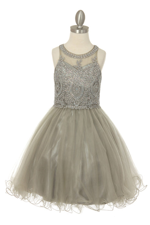Girls Illusion Halter Neck Sweetheart Beaded Bodice Tulle Flower Girl Junior Bridesmaid Dress, Sizes 4-16 - SophiasStyle.com