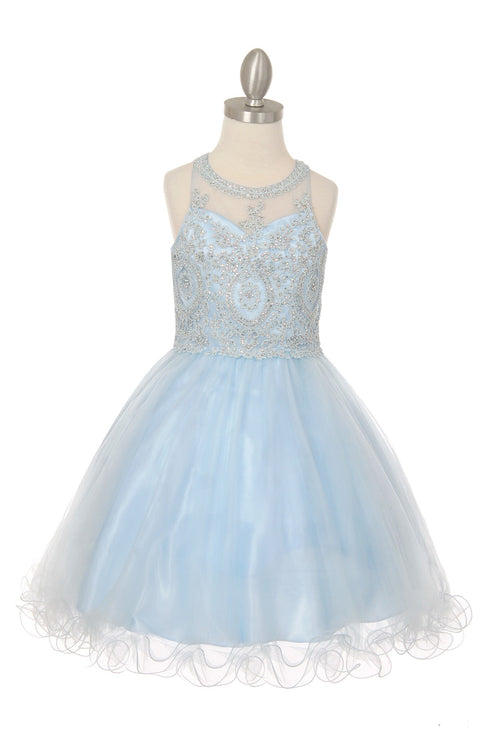 Girls Illusion Halter Neck Sweetheart Beaded Bodice Tulle Flower Girl Junior Bridesmaid Dress, Sizes 4-16 - SophiasStyle.com