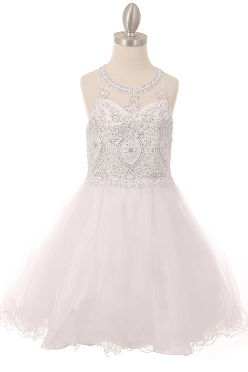 Girls Illusion Halter Neck Sweetheart Beaded Bodice Tulle Flower Girl Junior Bridesmaid Dress, Sizes 4-16 - SophiasStyle.com