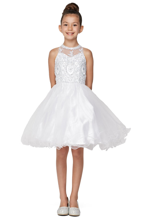 Girls Illusion Halter Neck Sweetheart Beaded Bodice Tulle Flower Girl Junior Bridesmaid Dress, Sizes 4-16 - SophiasStyle.com