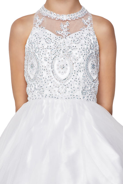 Girls Illusion Halter Neck Sweetheart Beaded Bodice Tulle Flower Girl Junior Bridesmaid Dress, Sizes 4-16 - SophiasStyle.com