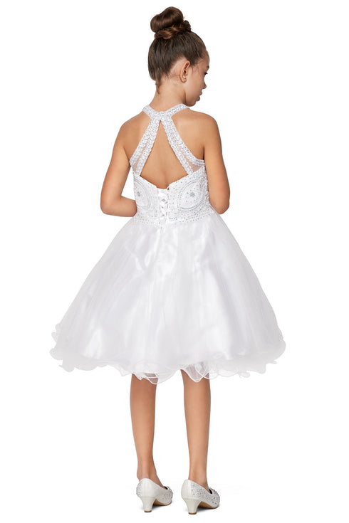 Girls Illusion Halter Neck Sweetheart Beaded Bodice Tulle Flower Girl Junior Bridesmaid Dress, Sizes 4-16 - SophiasStyle.com