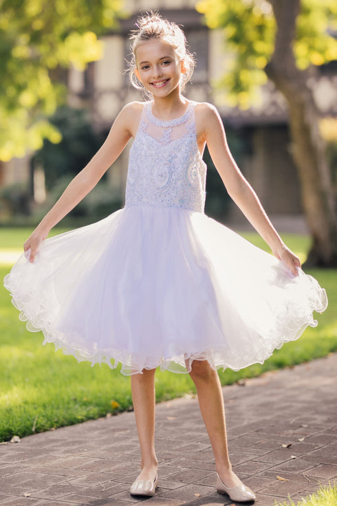 Girls Illusion Halter Neck Sweetheart Beaded Bodice Tulle Flower Girl Junior Bridesmaid Dress, Sizes 4-16 - SophiasStyle.com