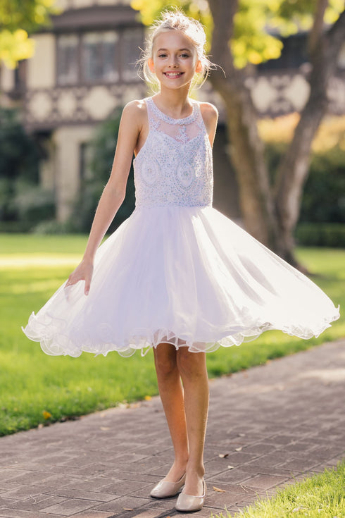 Girls Illusion Halter Neck Sweetheart Beaded Bodice Tulle Flower Girl Junior Bridesmaid Dress, Sizes 4-16 - SophiasStyle.com