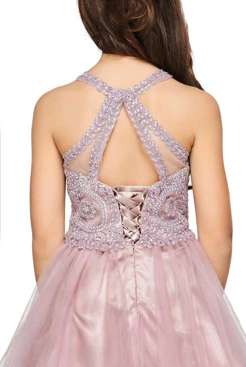 Girls Illusion Halter Neck Sweetheart Beaded Bodice Tulle Flower Girl Junior Bridesmaid Dress, Sizes 4-16 - SophiasStyle.com