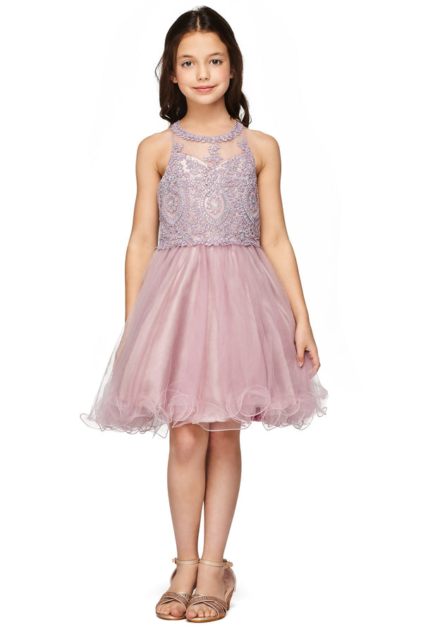 Girls Illusion Halter Neck Sweetheart Beaded Bodice Tulle Flower Girl Junior Bridesmaid Dress, Sizes 4-16 - SophiasStyle.com