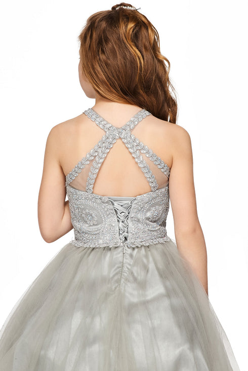 Girls Illusion Halter Neck Sweetheart Beaded Bodice Tulle Flower Girl Junior Bridesmaid Dress, Sizes 4-16 - SophiasStyle.com