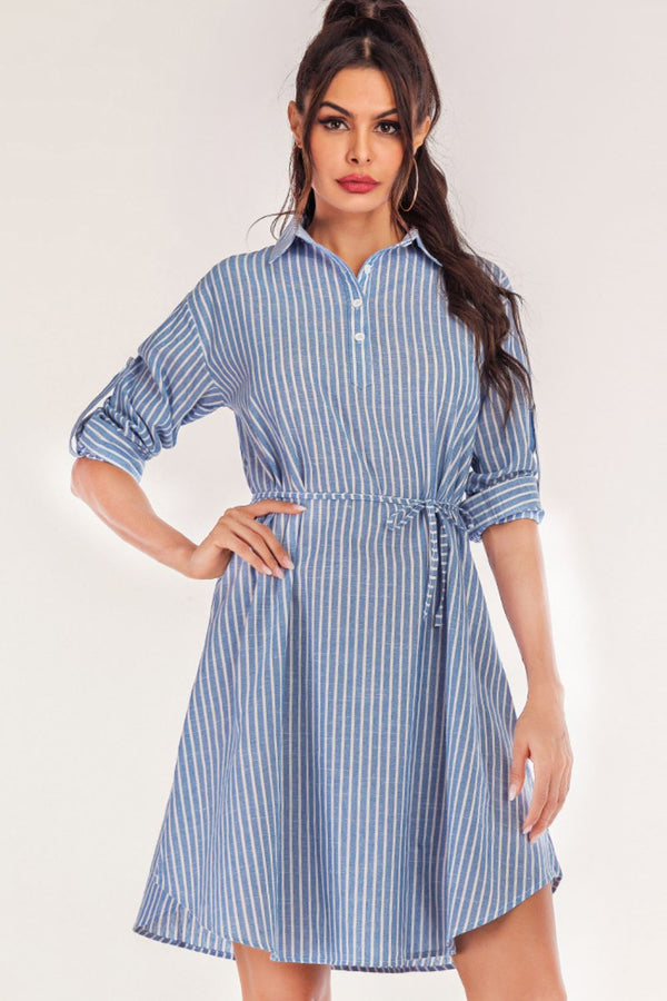full-size-striped-quarter-button-roll-tab-sleeve-shirt-dress OhSoStyled - Sophia's Style-1