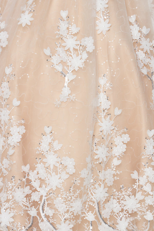 Vestido de niña de flores de lentejuelas de encaje con apliques florales en 3D de champán para niñas pequeñas 2-6