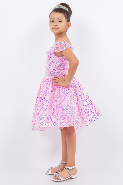 Girls Rainbow Off Shoulder Sequin Short Party Dress, Sizes 2-16