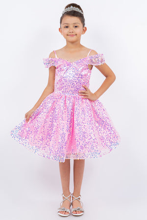 Girls Rainbow Off Shoulder Sequin Short Party Dress, Sizes 2-16