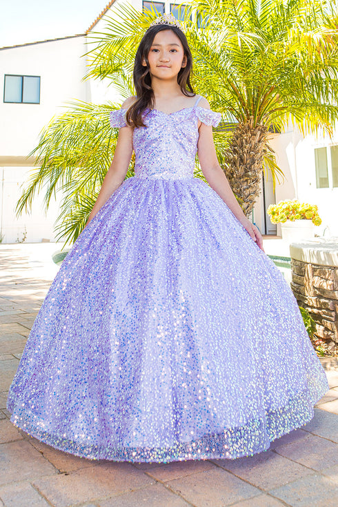 Girls Rainbow Sequin Glitter Tulle Off Shoulder Sweep Train Ball Gown, Size 8